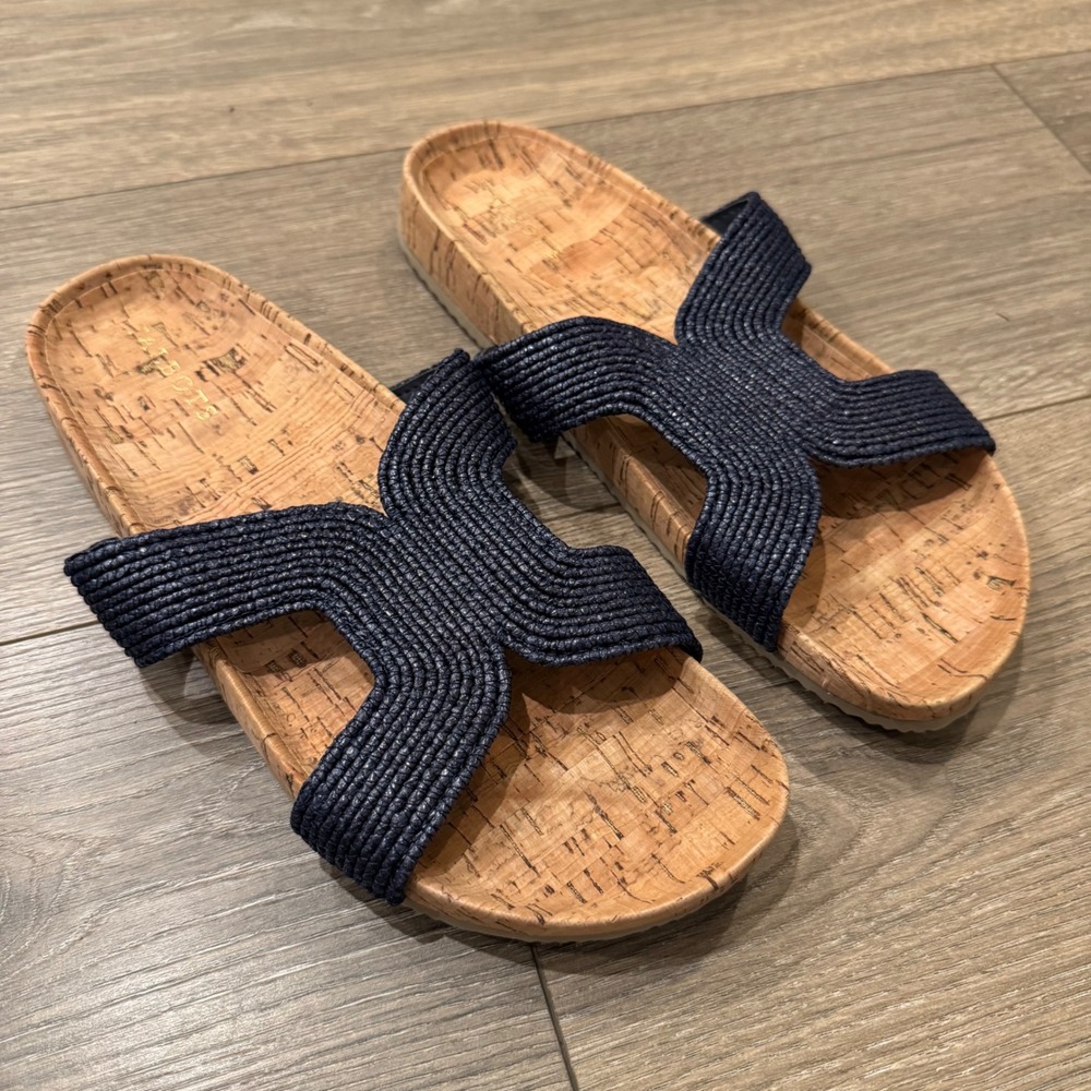 Talbots Womens Navy Blue Woven Straw H-Strap Cork Footbed Slide Sandals Size 8M